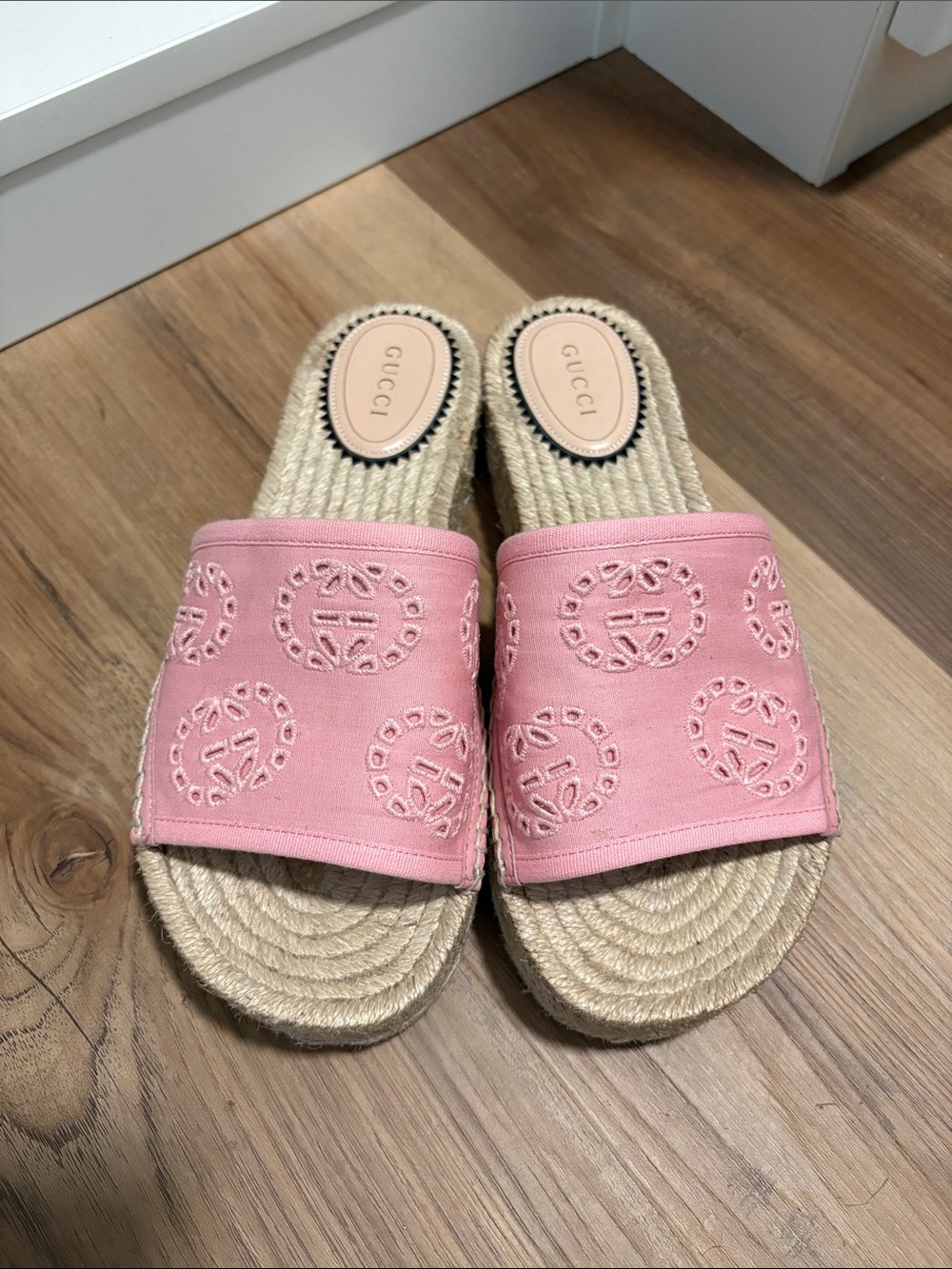Gucci Pink Braided Jute Slide Sandals espadrille sole